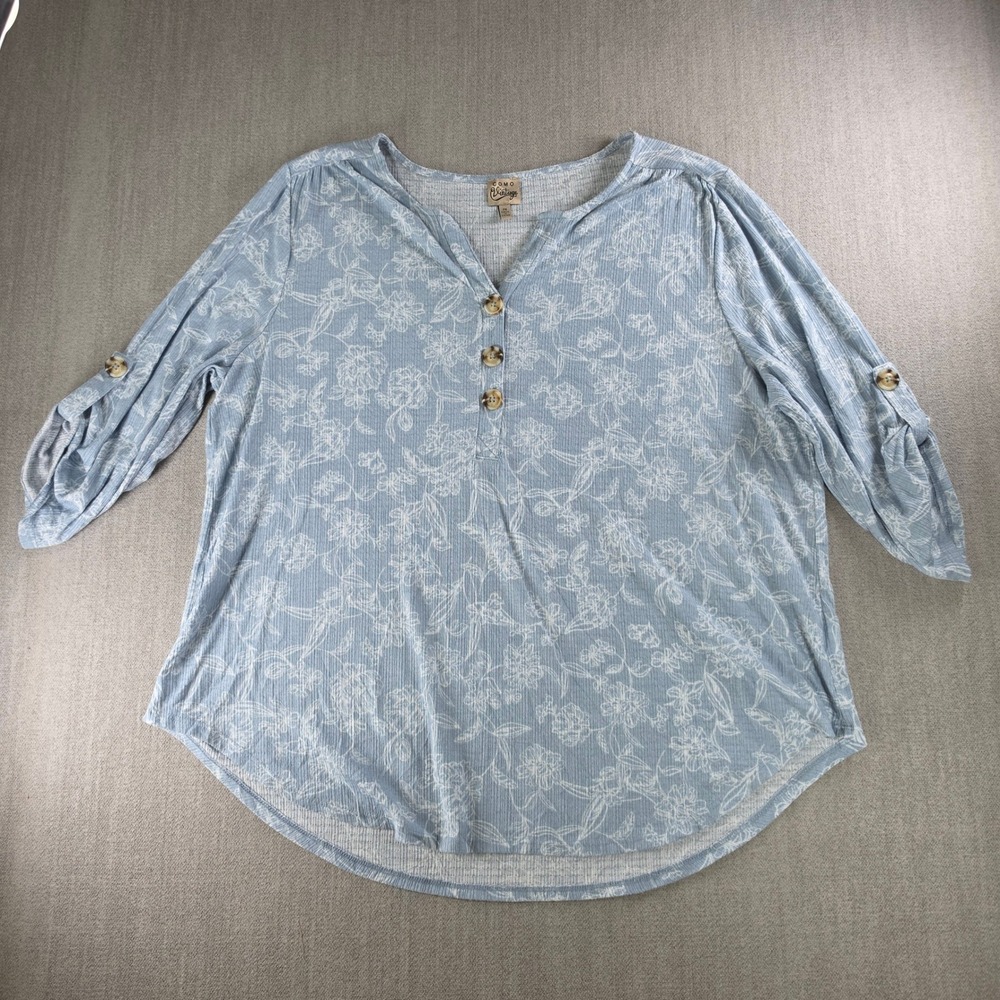 Como Vintage Top Women 2X Blue Floral Roll Tab Sleeve Henley CS10487PTSC1